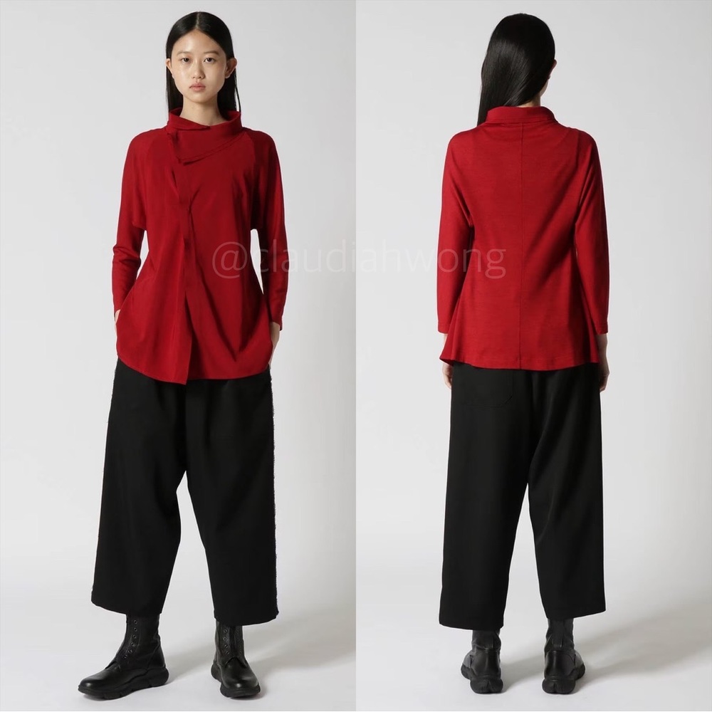 Y’S YOHJI YAMAMOTO Roll Collar Combi Blouse Shirt in Red